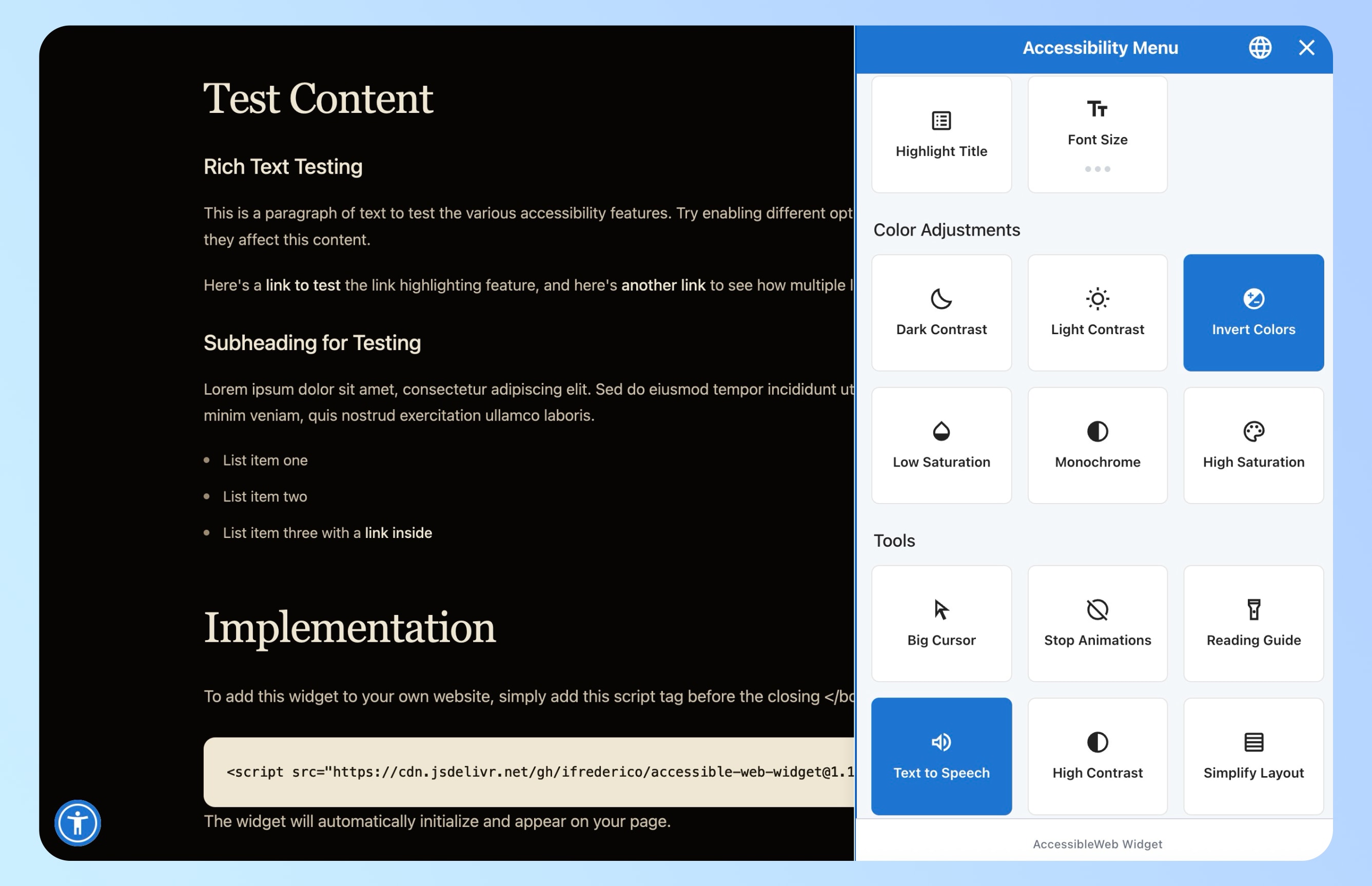 AccessibleWeb Widget preview showing the accessibility menu panel